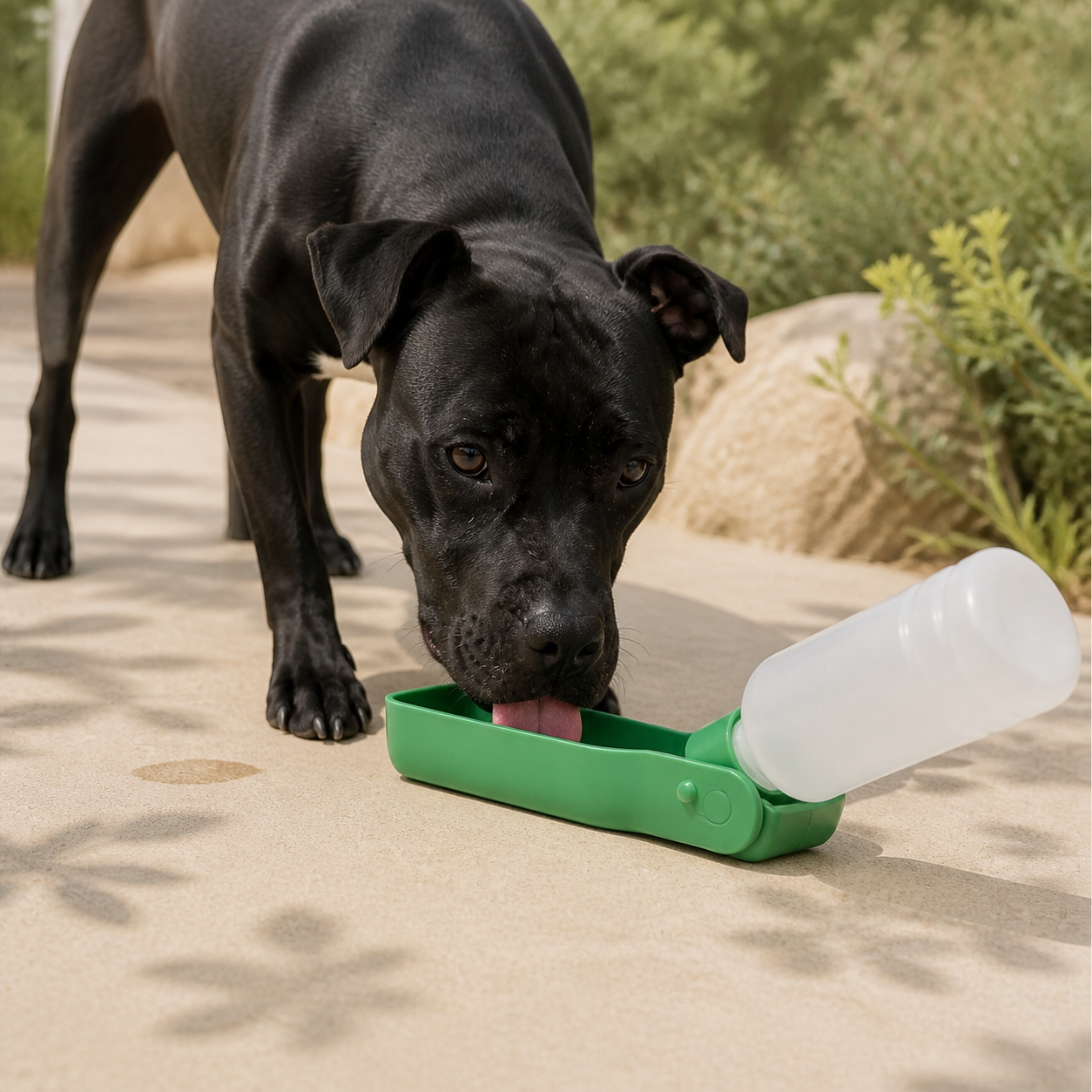 Pam boit dans la gourde portable pour chien