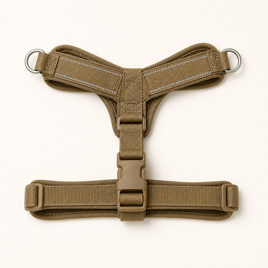 Harnais tactique anti-traction pour grand chien – vue de dessus sur fond blanc cassé