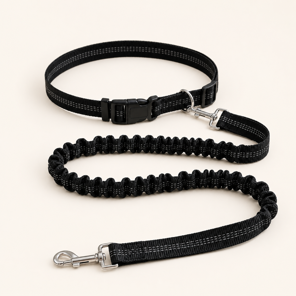 Laisse mains libres pour chien – vue trois quarts sur fond blanc cassé