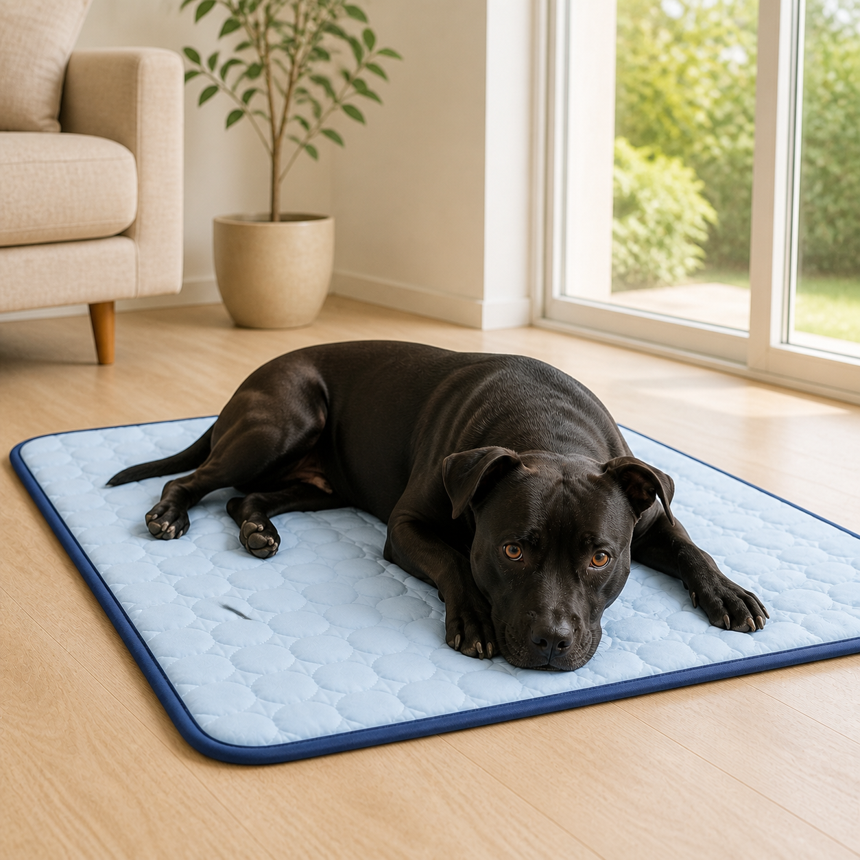 American Staff couchée sur un tapis rafraîchissant bleu pour grand chien