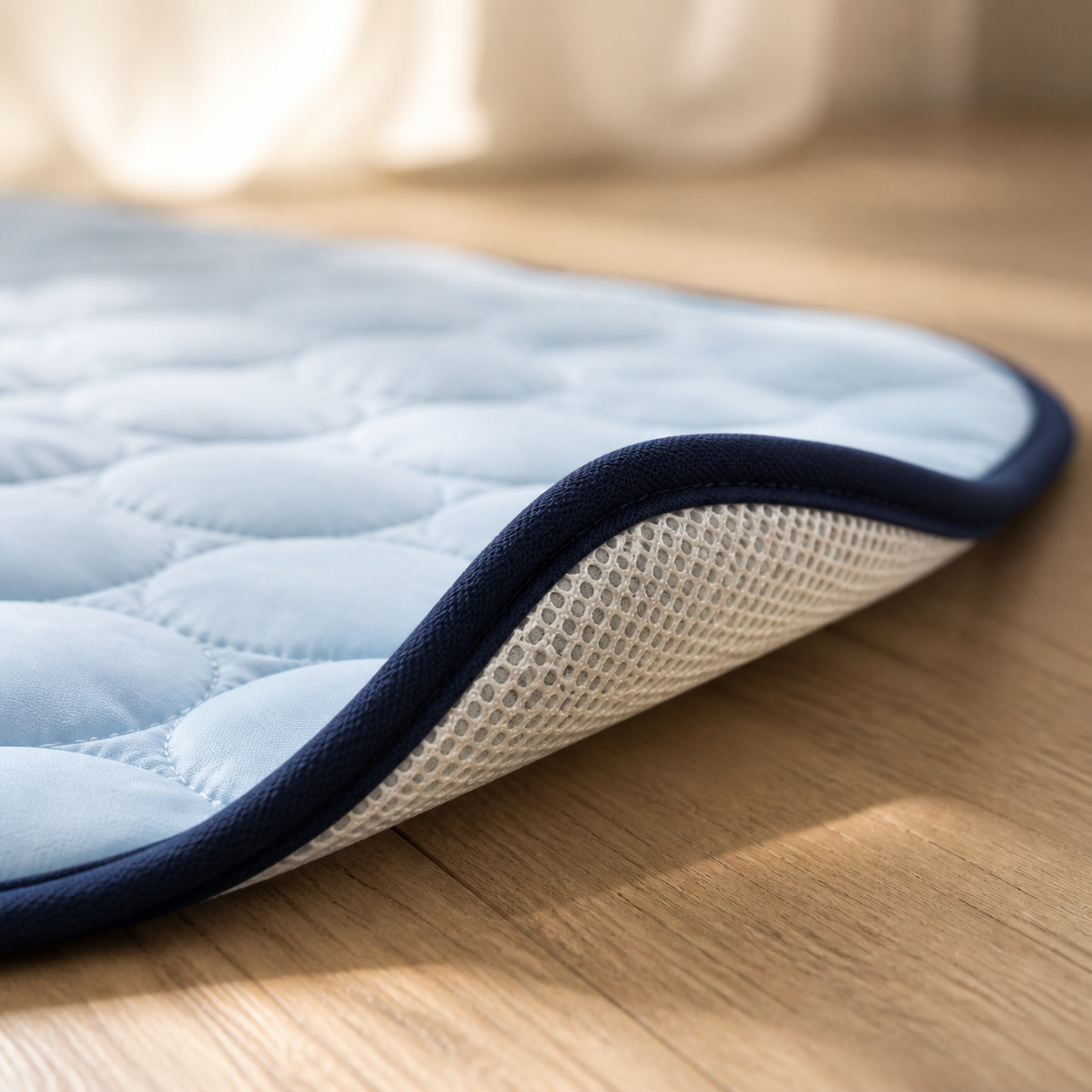 Détail du tissu respirant et du dessous antidérapant du tapis rafraîchissant pour chien